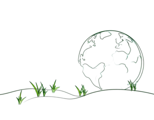 A stylized Earth graphic sits amongst grass on a curved surface, set against black