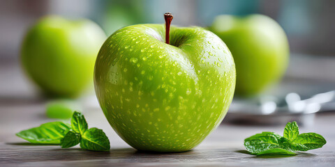 Close-up of Fresh Green Apple with Water Droplets and Mint Leaves