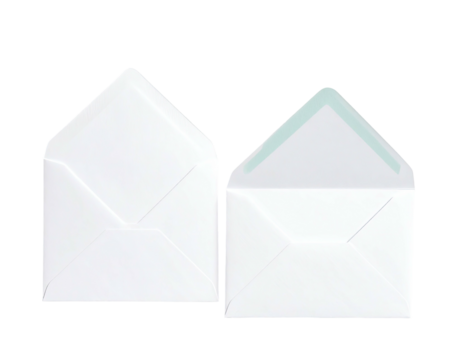 Two white envelopes, one open showing a mint-colored interior flap, set against a black background