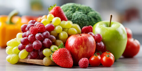 Assortment of Fresh Fruits and Vegetables Including Grapes and Apples