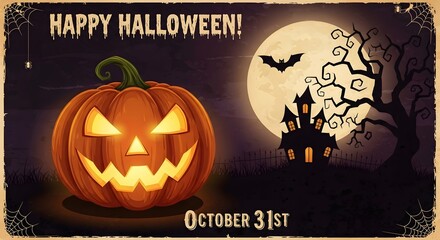 Happy Halloween Celebration Vintage Poster with Pumpkin and Haunted House