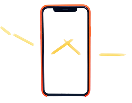 A phone encased in orange, with golden lines, against a black background - Powered by Adobe
