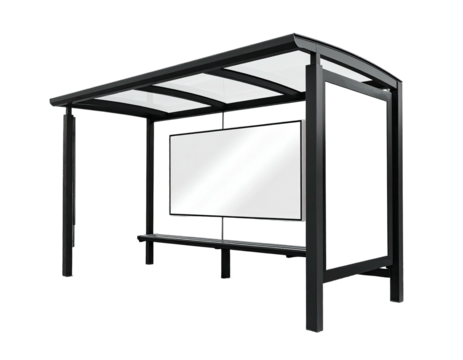 Graphic rendering a modern, dark-colored bus shelter with a blank, white advertising panel