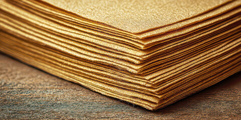 Macro Close-up of a Stack of Textured Golden Fabric or Paper Sheets