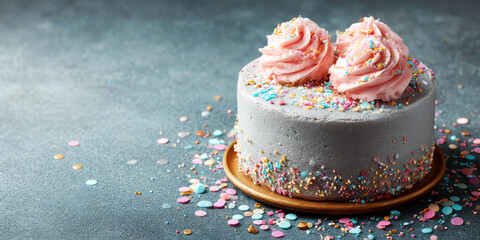 Small Celebration Cake with Pink Frosting and Colorful Sprinkles on Grey Background