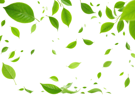 Scattered, bright green leaves float against a stark, dark black background