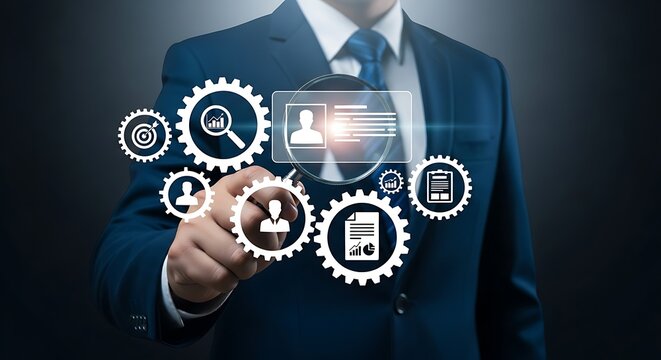 Businessman interacts with digital interface displaying hr and recruitment process icons