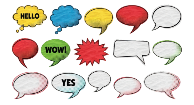 speech bubbles cut out of crumpled paper elements set. Dotted modern retro urban magazine style pop art dialogue balloons. Social media clip art