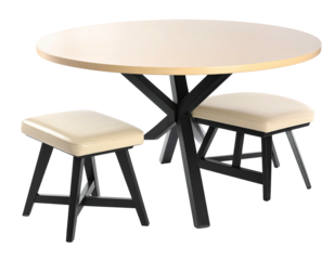 A round table with a geometric base, two matching stools. Modern and minimal