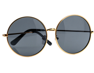 Close-up of round-framed sunglasses, with gold rims, dark lenses, and black earpieces