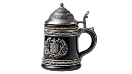 Elegant Beer Stein: A detailed view of a classic, decorated beer stein. The stein showcases intricate designs, with a silver lid and handle adding to its aesthetic appeal.