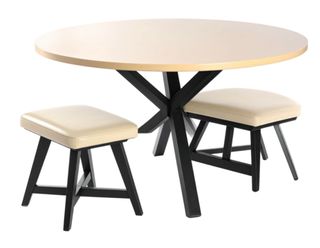 A round table with a geometric base, two matching stools. Modern and minimal