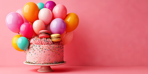 Pink Birthday Cake with Macarons and Colorful Balloons on Solid Background