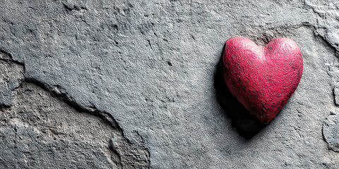 Single Rough Red Heart on Dark Textured Stone Background with Copy Space