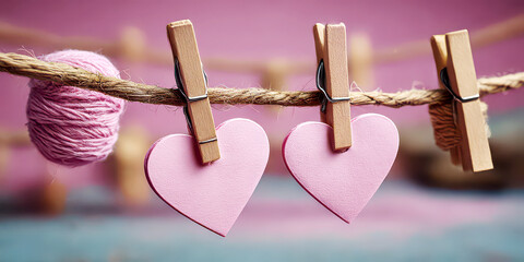 Two Pink Wooden Hearts Clipped on a Rope with Clothespins and Yarn Ball