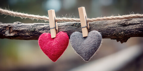 Red and Grey Fabric Hearts Clipped on a Rustic Branch with Rope