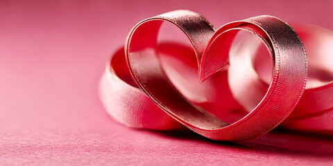 Close-up of a Red Ribbon Shaped into a Heart on a Pink Background