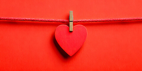 Single Red Wooden Heart Clipped on a Red String Against a Red Background