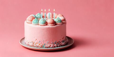 Pink Birthday Cake with Lit Candles and Pastel Meringue Kisses on Pink Background