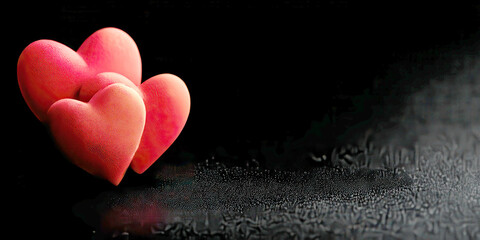 Group of Three Pink Hearts on Dark Black Background with Dramatic Lighting