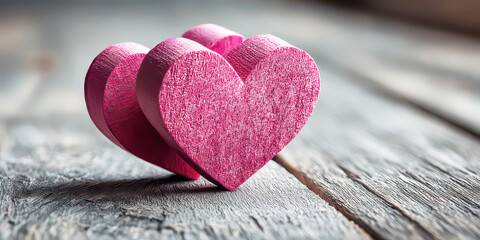 Two Pink Textured Hearts Resting on Rustic Grey Wooden Planks