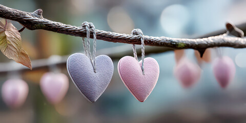 Two Pastel Fabric Hearts Hanging on a Frosted Branch in an Outdoor Setting