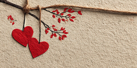 Two Red Felt Hearts Hanging from a Drawn Branch on a Textured Paper Background