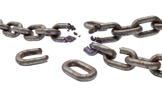 Broken metal chain symbolizing weakness or failure isolated on transparent background