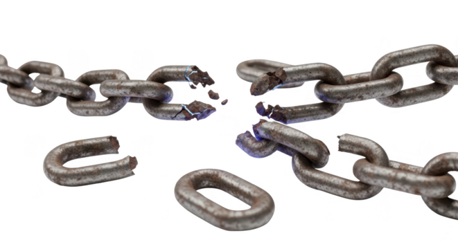 Broken metal chain symbolizing weakness or failure isolated on transparent background