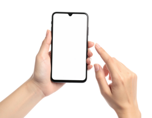 Close-up of person holding a smartphone with blank screen, fingers touching display