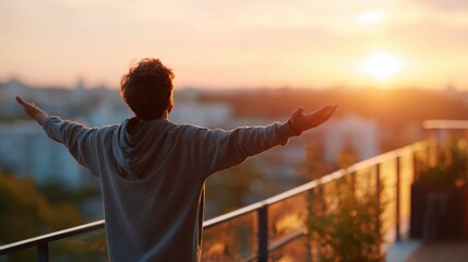 Serene Morning Stretch: Man Embracing Fresh Air on Balcony at Sunrise with Realistic Lighting