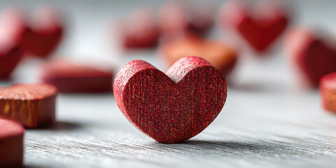 Close-up of a Textured Red Heart Standing Among Scattered Wooden Hearts