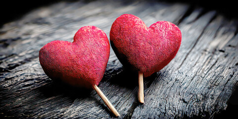 Two Red Heart Lollipops on a Dark and Rustic Burnt Wood Background