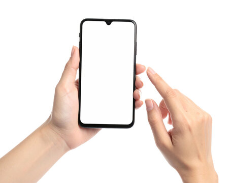 Close-up of person holding a smartphone with blank screen, fingers touching display