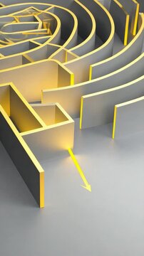 Abstract Maze With Golden Paths And Yellow Arrow Showing A Clear Direction In Bright Lighting