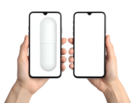 Two phones, held by hands. One displays a white capsule, the other a blank screen