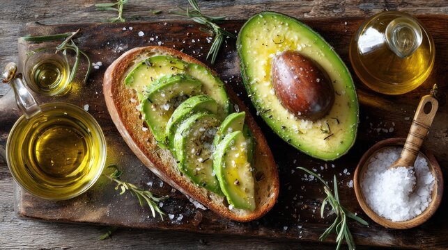 Rustic kitchen scene with avocado halves, toast, olive oil, and salt, top-down photo