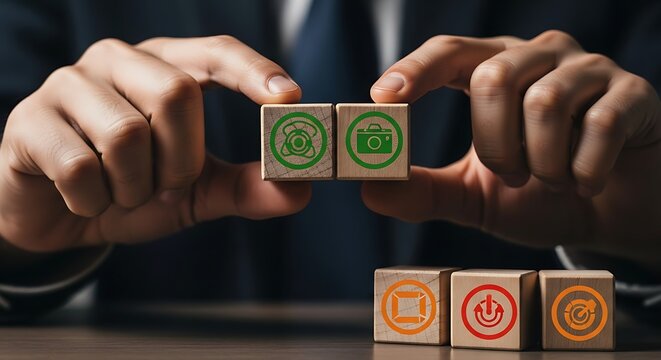 Businessman holding wooden blocks with financial and business symbols representing investment strategy - Powered by Adobe