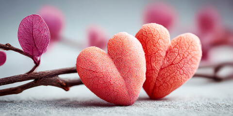 Two Textured Pink Hearts on a Branch with Leaves Against a Soft Background