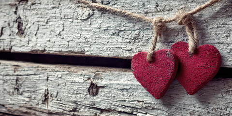 Two Red Wooden Hearts Hanging by Twine Against a Rustic White Wood Wall