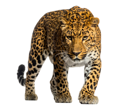 A powerful spotted big cat, digitally isolated against a plain background, staring forward