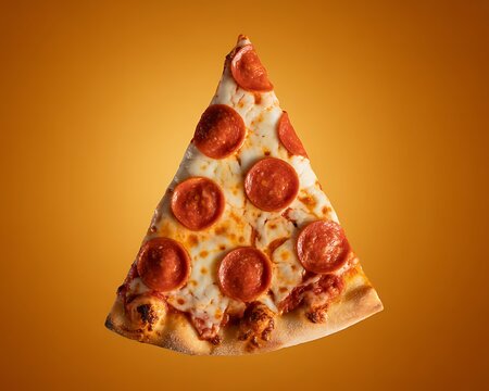 A single slice of pepperoni pizza with melted cheese on a yellow background, ready to be served