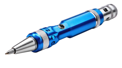 Precision in Blue: A close-up view of an elegant, high-tech blue pen, showcasing meticulous design and functionality. This image captures the essence of refined writing.
