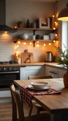 Empty table in the kitchen for presentation. Christmas decor. High quality photo