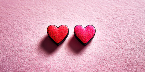 Fototapeta premium Two Small Red and Pink Hearts with Dark Edge on a Textured Pink Background