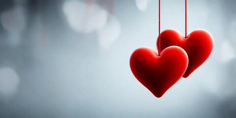 Two Vibrant Red Hearts Hanging by String Against a Soft Blurred Bokeh Background