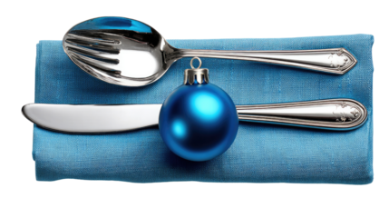 Holiday Table Setting: A festive arrangement with a shiny spoon and a sleek knife gracefully placed on a folded cloth, with a brilliant blue bauble to enhance the holiday atmosphere. 
