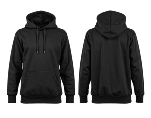 Front and back view of a black unisex hooded sweatshirt isolated on a black background
