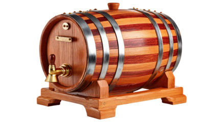 Oak Barrel: A classic oak barrel rests on a wooden stand, its rich wood grain and metallic bands showcase traditional craftsmanship and the art of wine and spirit aging. 