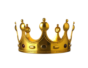 3D rendering of a shiny golden royal crown with embellishments, against a black background
